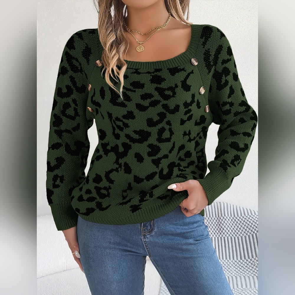 Leopard Buttoned Square Neck Sweater